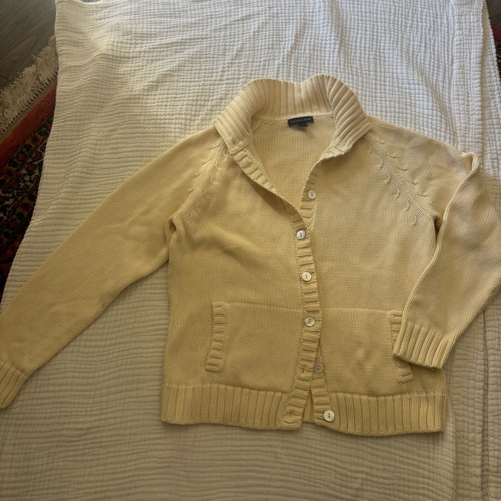 Land’s End Kids butter yellow cream cotton knit cardigan size large (14/16)